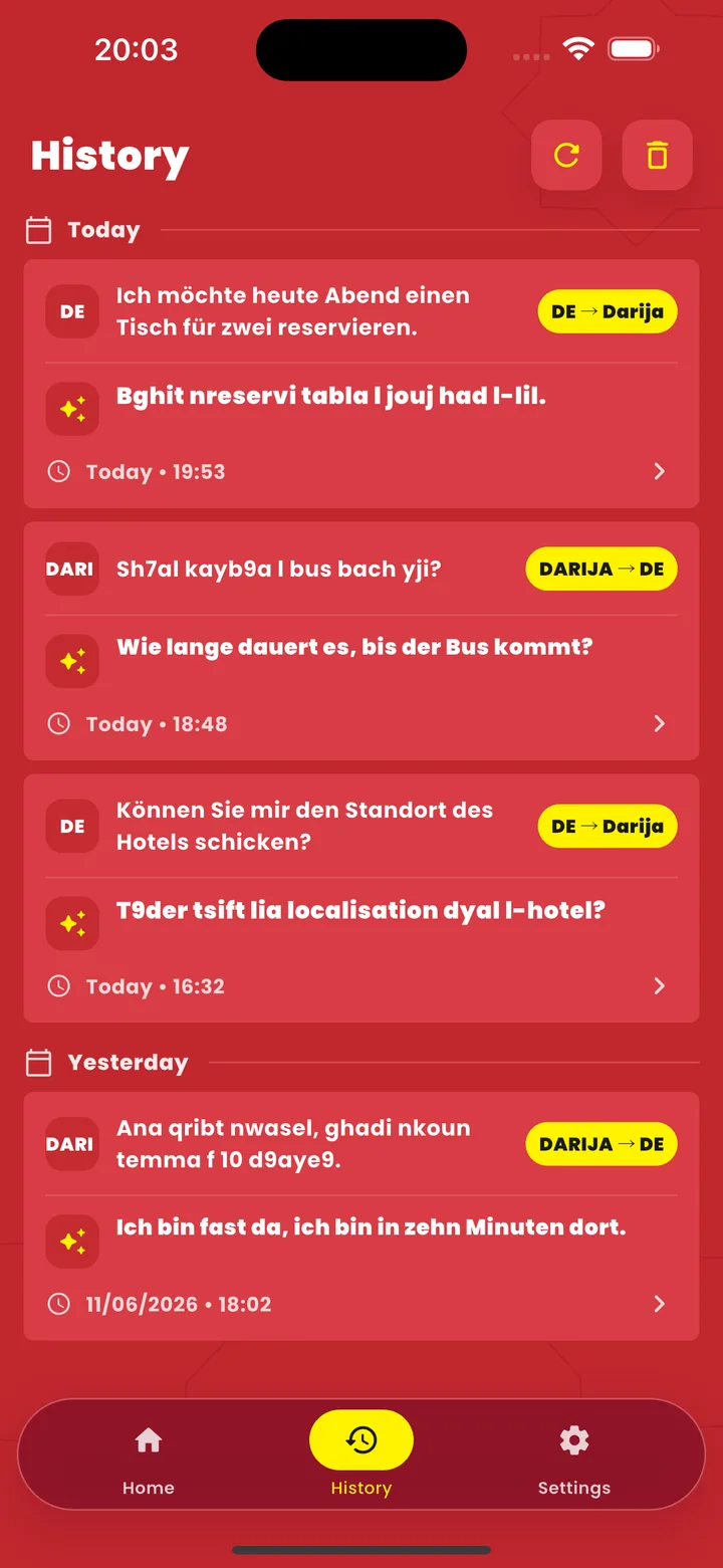 Darija Translator - Gespeicherter Verlauf