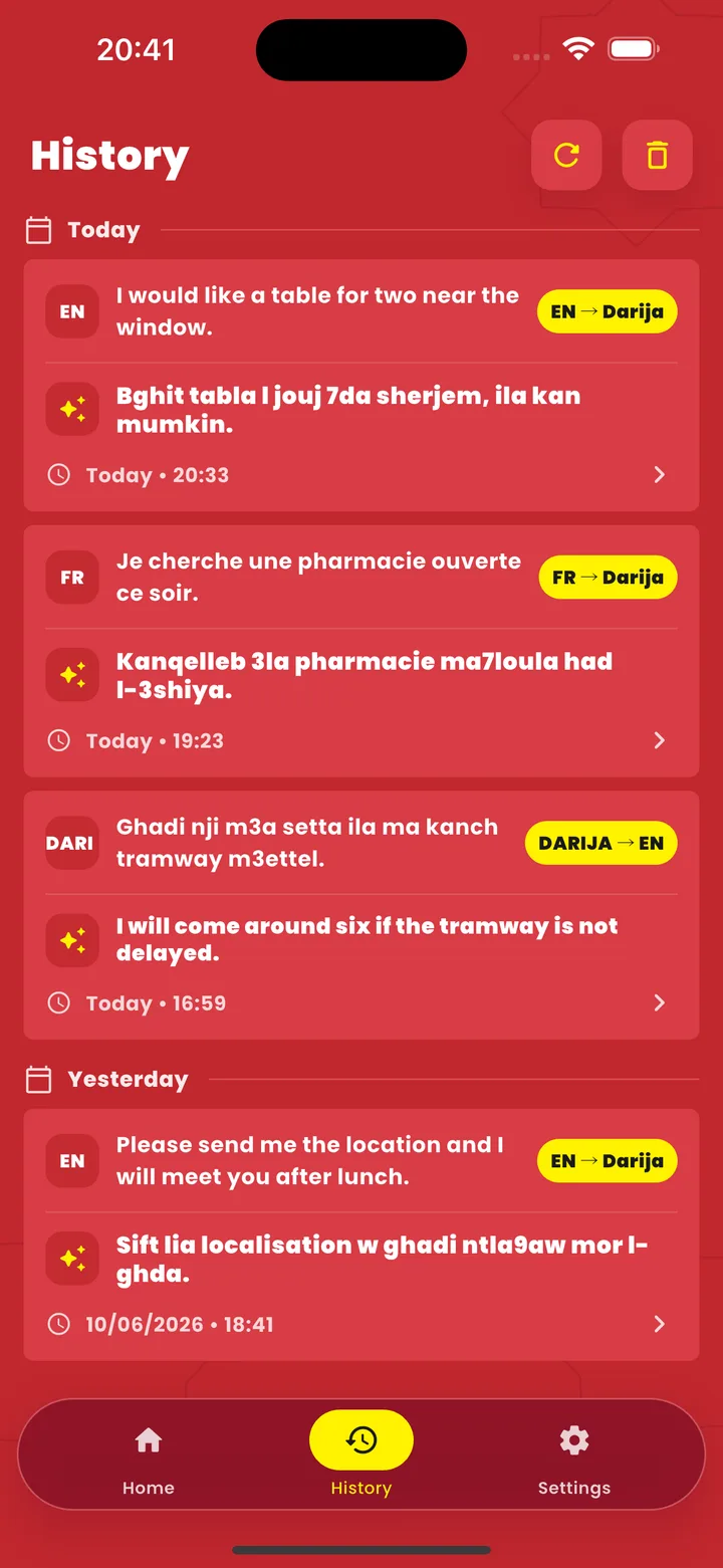 Darija Translator - Saved history