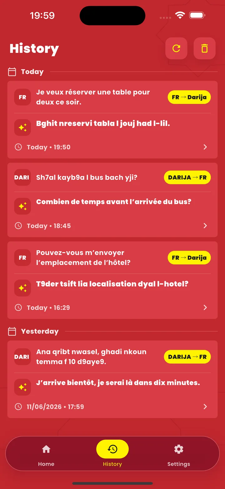 Darija Translator - Historique enregistré